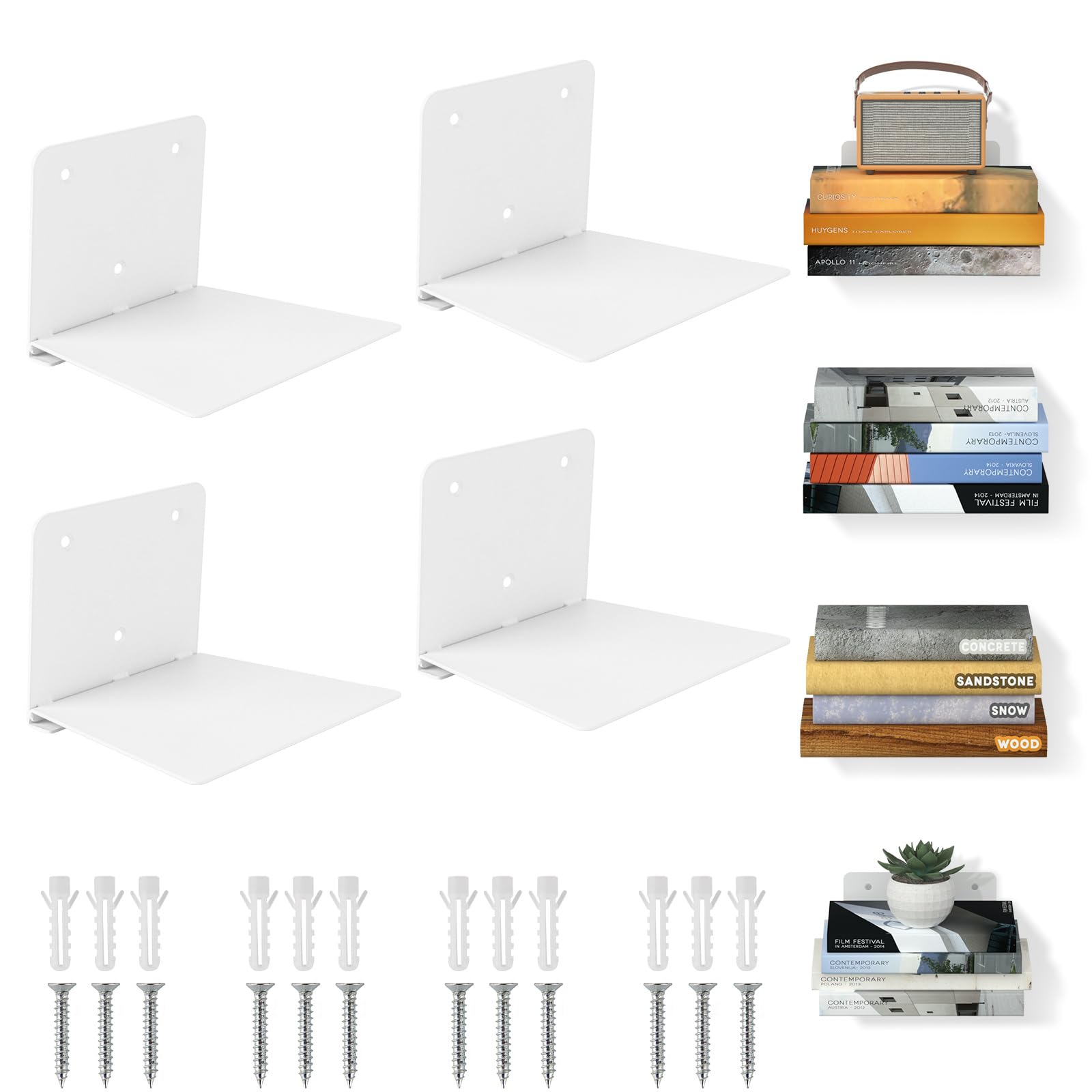 FENTEC Estantes de Libros Flotantes para Pared, Estantes de Libros Invisibles de Alta Resistencia, Estante de Libros de Metal Oculto para Decoración de Dormitorios y Oficinas, Juego de 4, Blanco