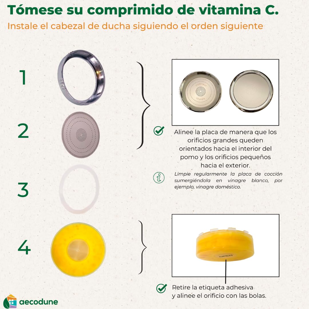 Aecodune Pomo de Ducha XL Vitamina C Premium con Filtro de Agua - VUELVE A SER SUBLIME - Ducha Anti Cal, Elimina 99% Cloro y más - Belleza y Pureza - Filtro de Agua Eco con Aromas y Presión