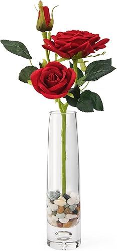 Flores artificiales con jarrón de vidrio soplado a mano rosa roja ramo de flores de seda flores falsas son adecuadas para el hogar decoración de