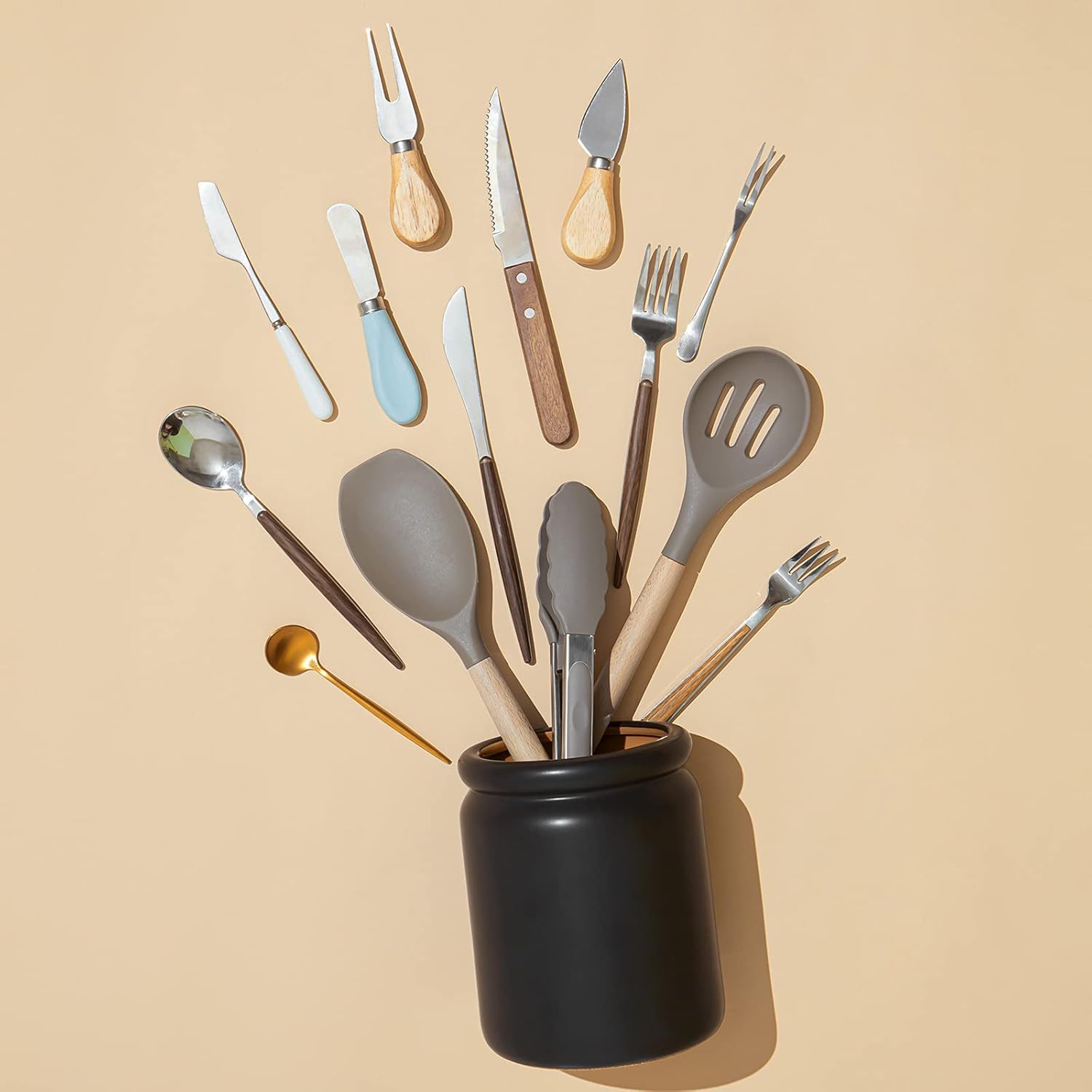 LIFVER Kitchen Utensil Holder,Ceramic Utensil Crock with black waxy surface,Base design with cork pad, 5.1 x 6.5 inches Large Utensil Organizer (utensils not included) : Home & Kitchen