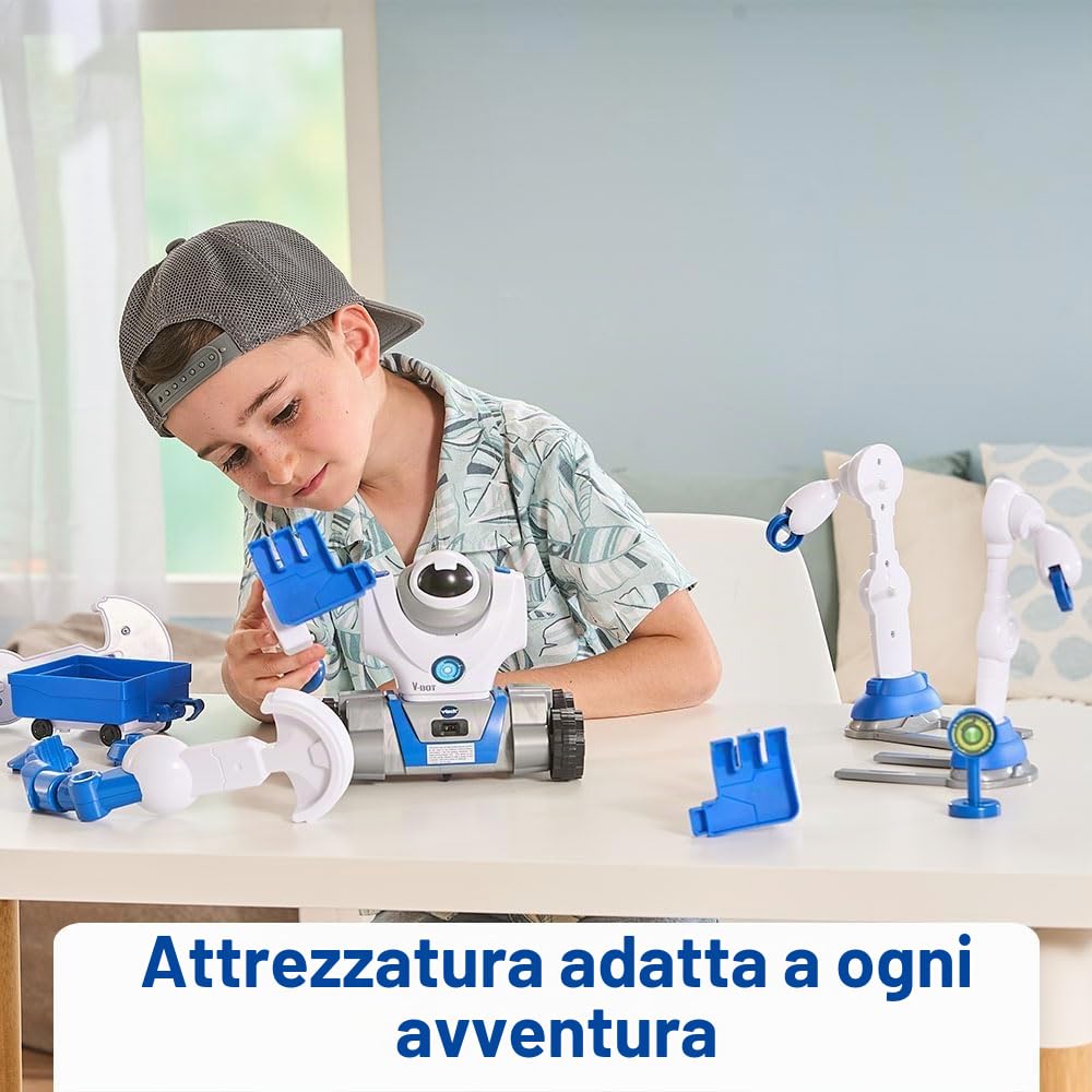 VTech - V-Bot® Explorer, robot per bambini 5 in 1 da costruire e trasformare, parlando e programmabile, giocattolo interattivo high-tech, regalo per bambini dai 5 anni - contenuto in francese, grigio