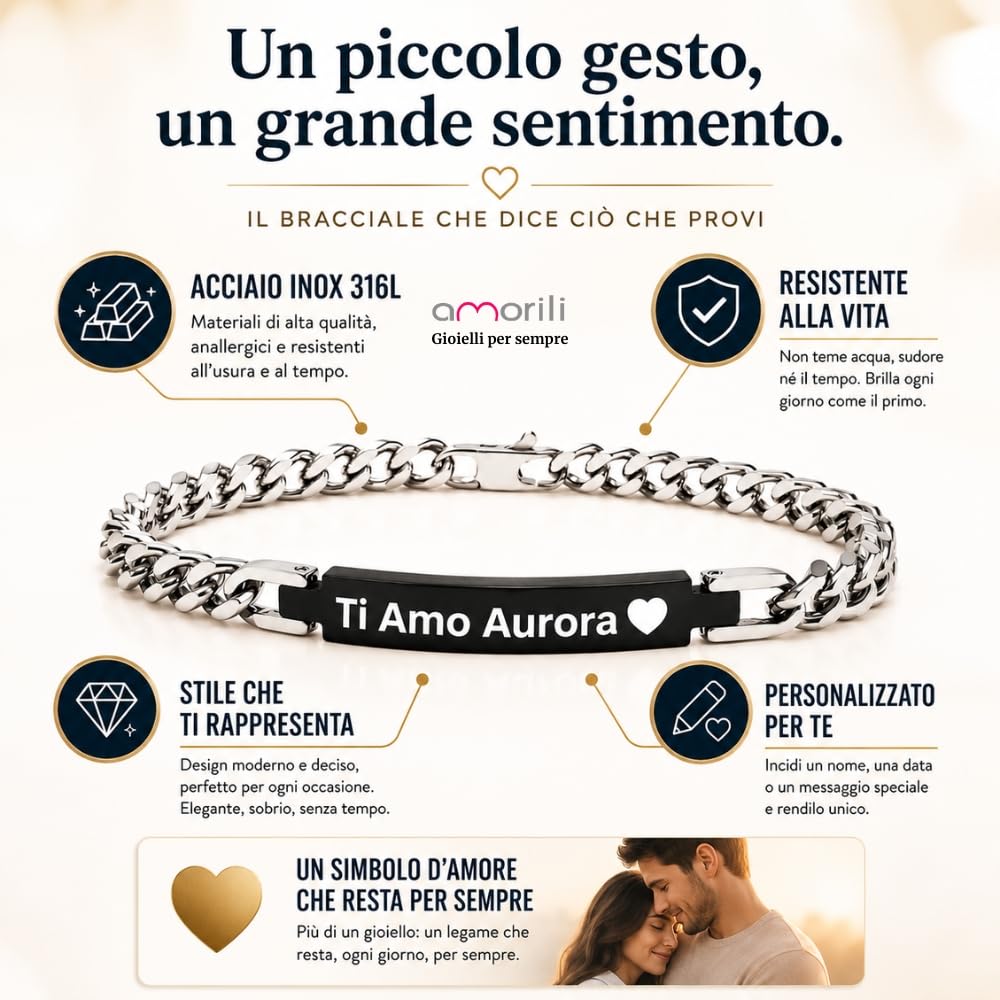 Bracciale Uomo Personalizzato con Incisione Acciaio Inox Maglia Cubana Grumetta – Braccialetto Elegante con Nome Data Dedica – Catena Maschile Regolabile – Idea Regalo Uomo