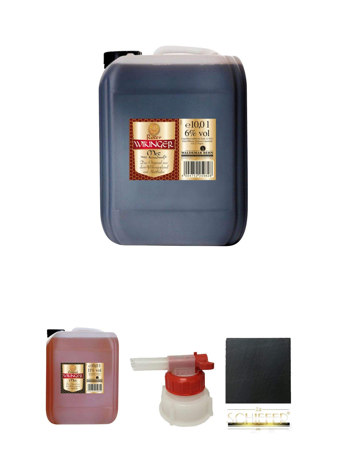 ROTER Wikinger Met 10 Liter Kanister + Wikinger Met Behn 10 Liter Kanister Honigwein + Pumpe für Wikinger Met Kanister + Schiefer Glasuntersetzer eckig ca. 9,5 cm Durchmesser