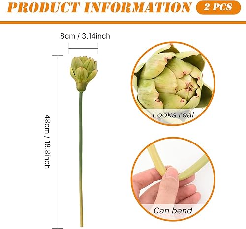 Miniatura 6 de Alcachofas artificiales con tallos, 2 piezas de alcachofas de simulación, frutas falsas para decoración del hogar, cocina, boda, fiesta, decoración