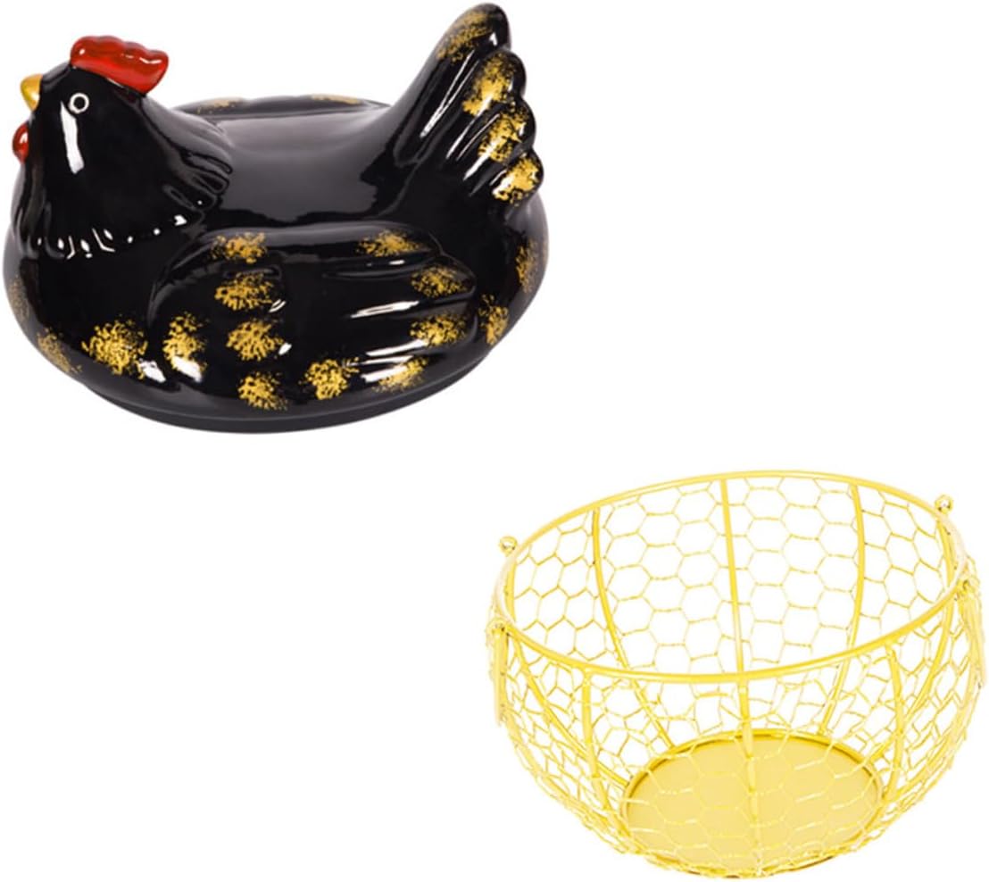 VALICLUD Black Metal Egg Basket with Chicken Lid, Kitchen Storage Basket for Egg and Fruit Organization, Sturdy Iron Wire Food Container for Home Pantry Use