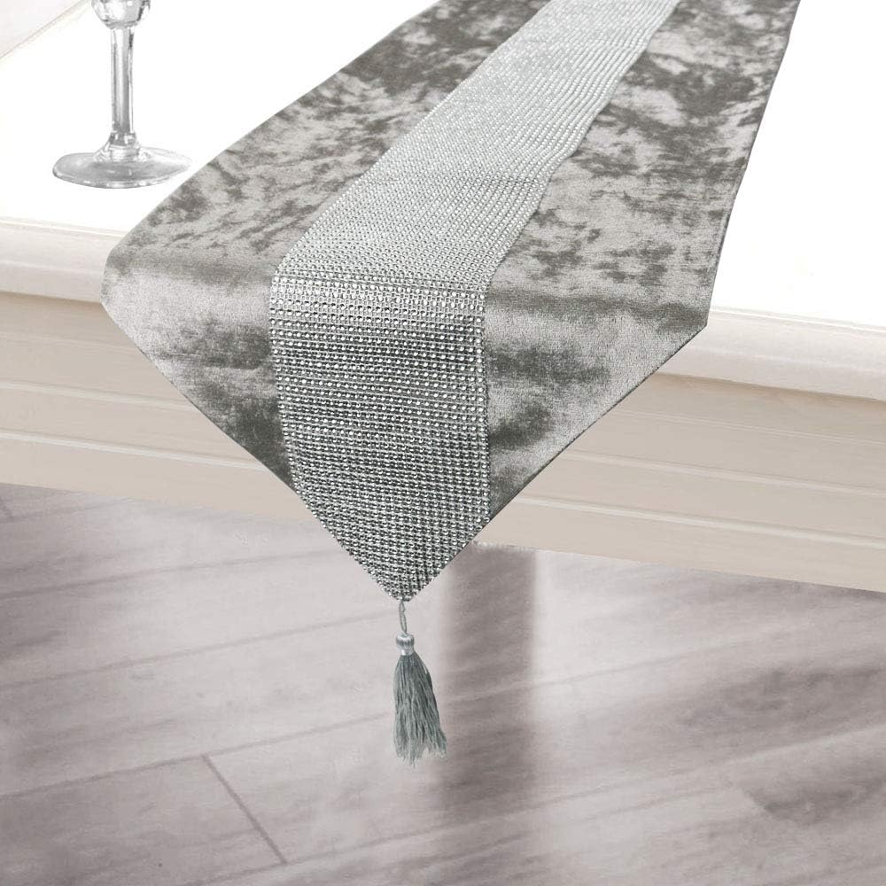 Time to Sparkle Set of 1 Velvet Table Runner + 4 Placemat Table Mats Thick Velvet Satin Tasseled Xmas (Velvet-silver - Image 3