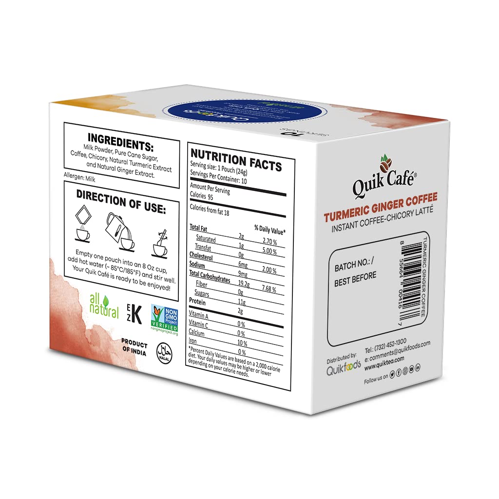 Quik Café Turmeric Ginger Coffee - 100 Count (10 Boxes of 10 Each) - All Natural Instant Golden Coffee