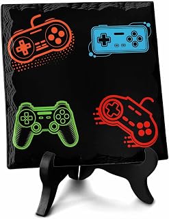 Vedio Game, Ceramic Plaque Table Decorations Sign, Black Gamer Computer Gamepad Red Blue Green Desk Decor Sign - Memorial Gifts for Home Office Party
