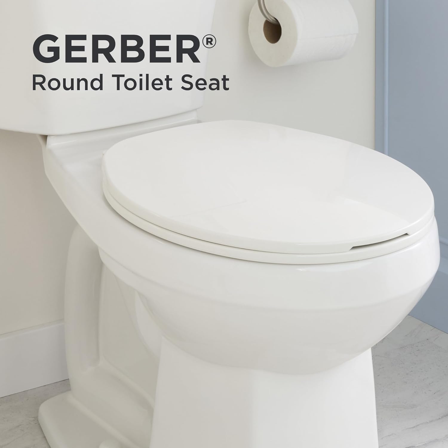 Gerber Round Front Toilet Seat with Cover, Standard Close, Quick & Easy Install, Heavy-Duty Plastic, Durable & Fade-Resistant, White GC55012043