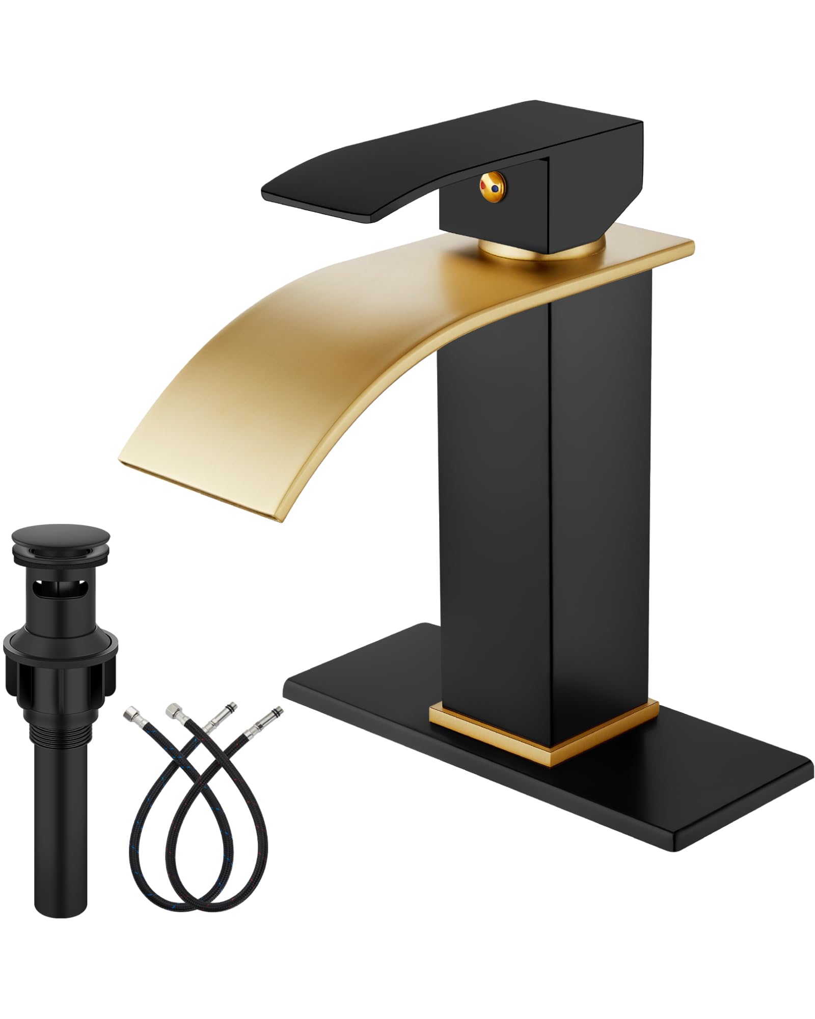 Robinet Lavabo Cascade Midanya – Noir Mat Et Poignée Dorée Brossée – Acier Inox SUS304 – 1 Trou