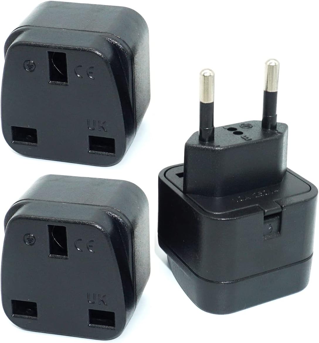 GOMMLE KSA/UAE/UK to EU/Germany/France (Type C Round pin) Plug Adaptor, 3-pin KSA/UAE/UK Plug Convert to 2-pin EU/Germany/France/Italy/Spain Socket with Safety Shutter (3 Pieces, Black)