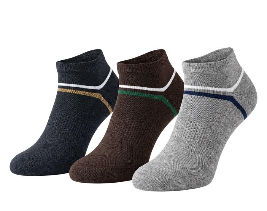 Pack of 3 Mens Ankle Socks with Contrast Stripe | Cotton Blend Low Cut Socks for Men | Navy Blue, Brown and Grey Ankle Socks for Sports, Gym, Casual Wear-image-17