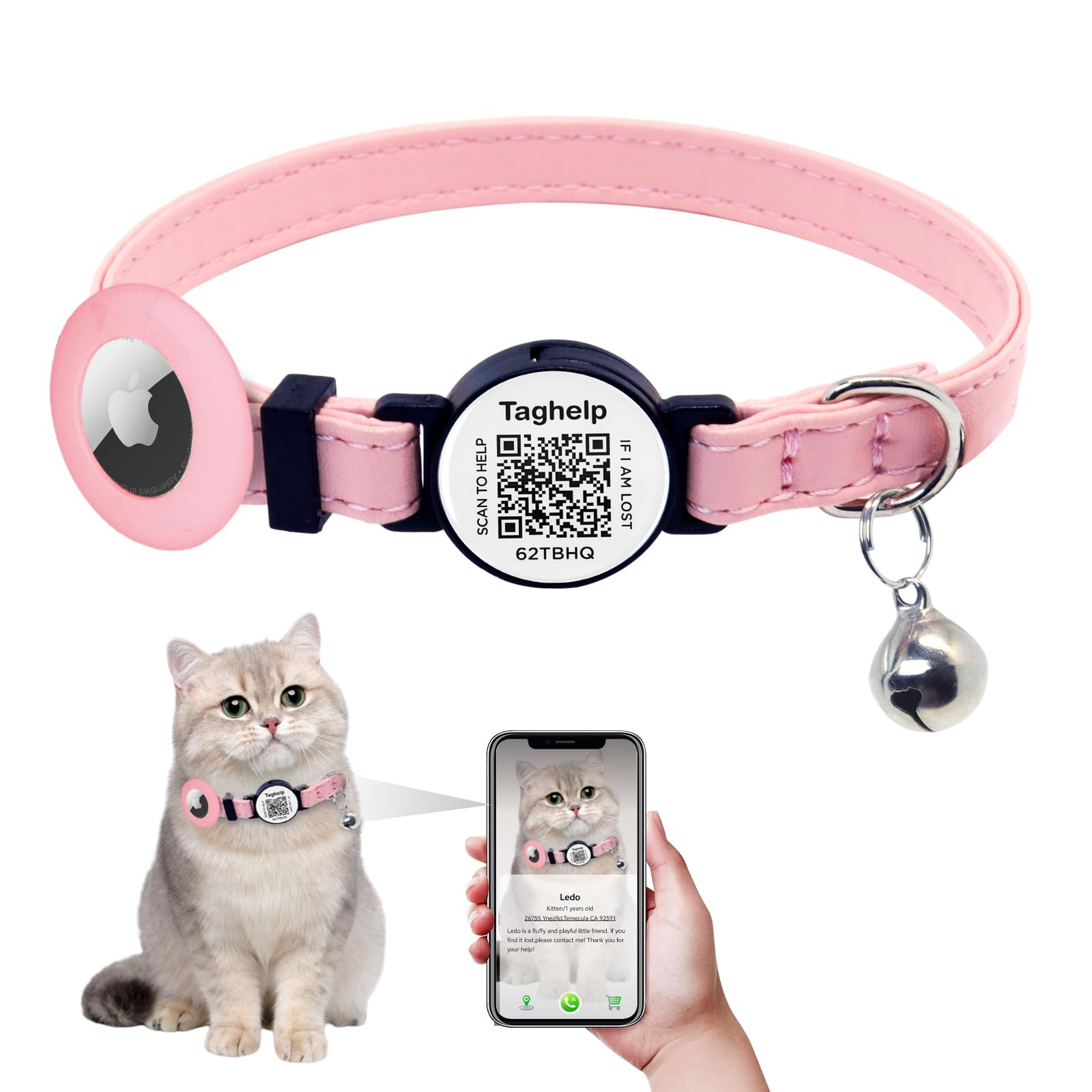 Collar Leather Breakaway Airtag Cat Collar with Bell - Kitten Collar, Apple Air Tag Holder Cat Collar for Boy Cats, Girl Cats with smart ID tag,NO APP (Pink)