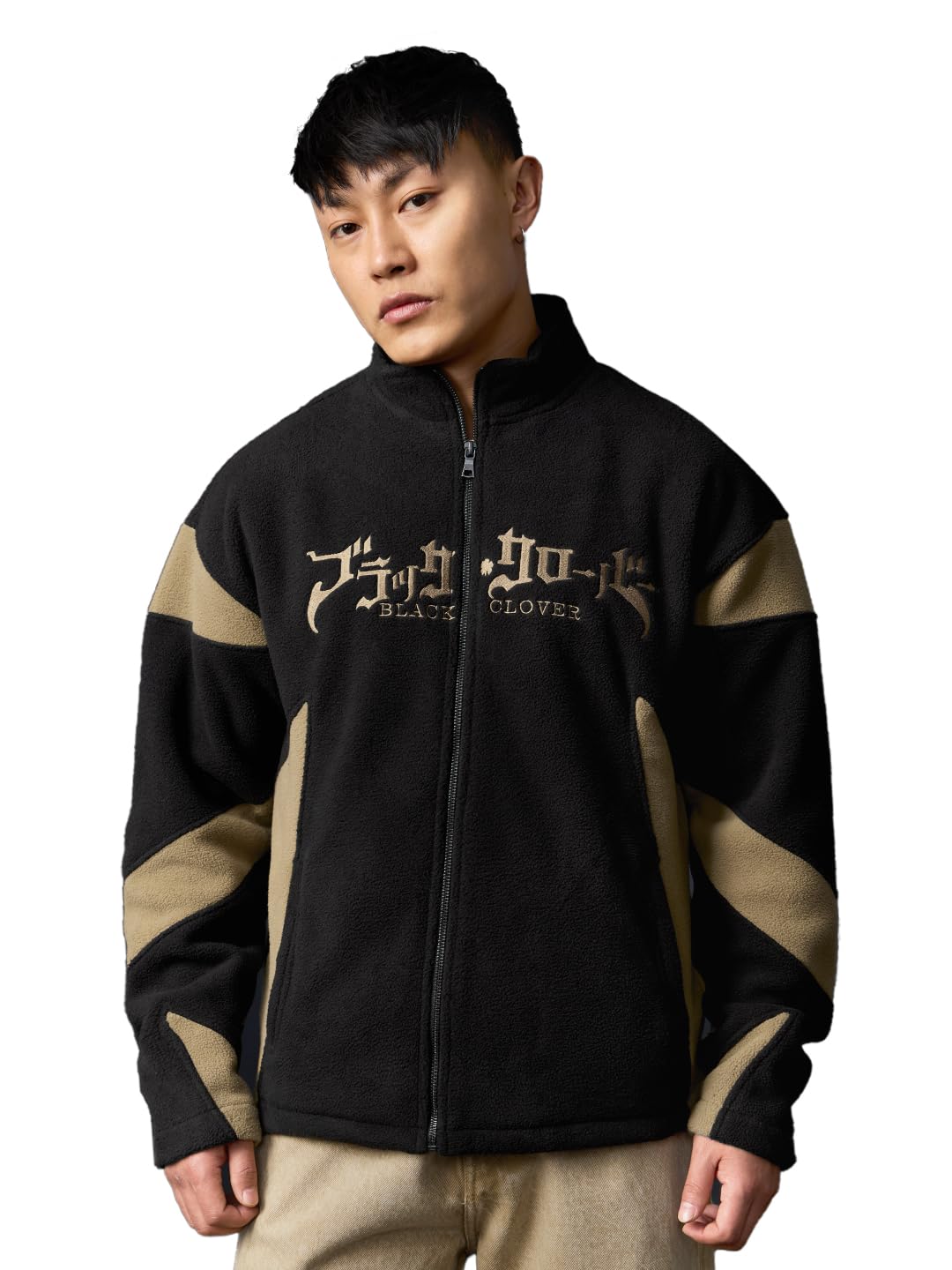 the souled store Black Clover: Bull House Men and Boys Full Sleeves Mock Neck Black and Beige Graphic Embroidered Polyester Oversized Fit Lightweight Winter Jacket-picture-34