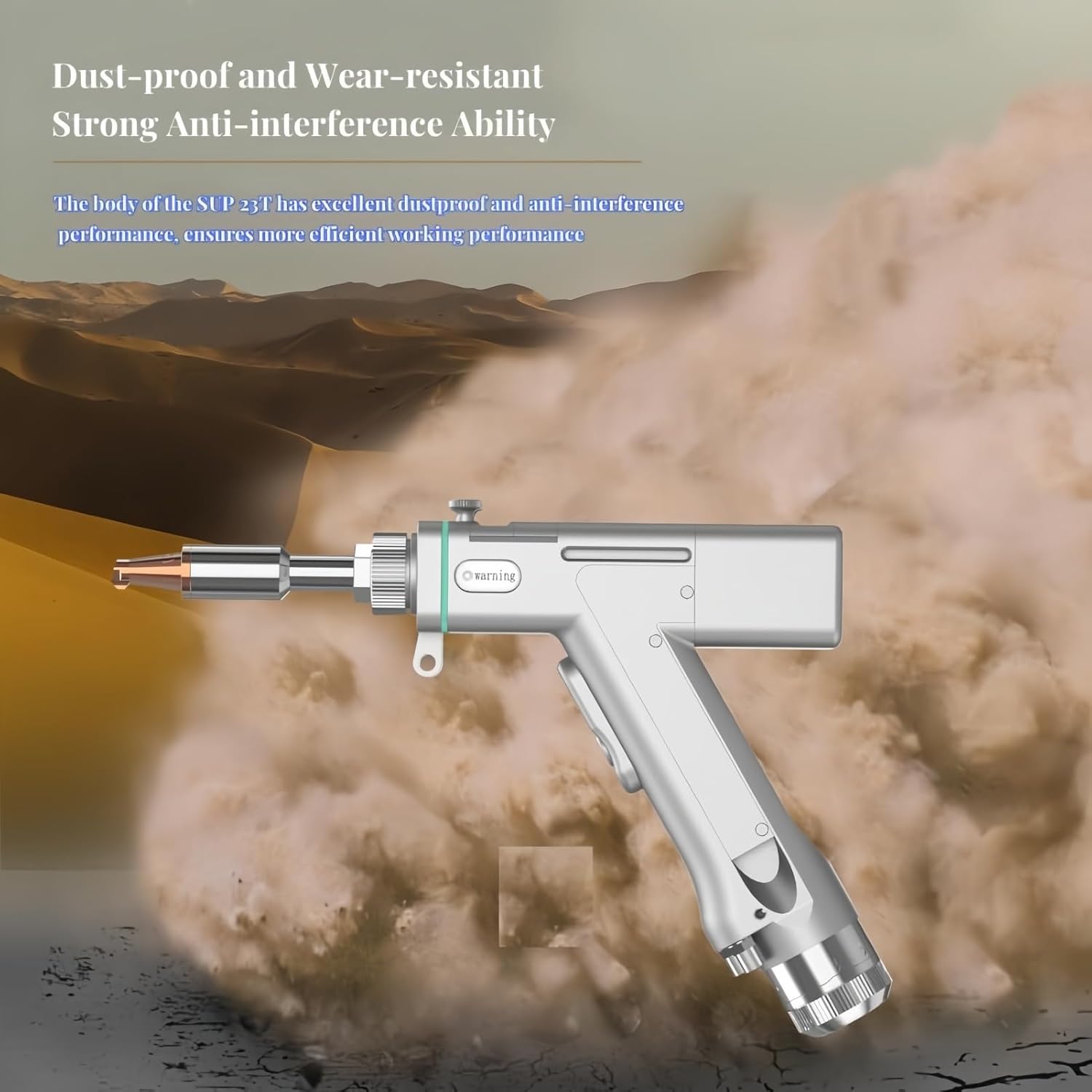 DMK SUP23T Laser Welding Gun Head in a dusty environment, highlighting its dust-proof design
