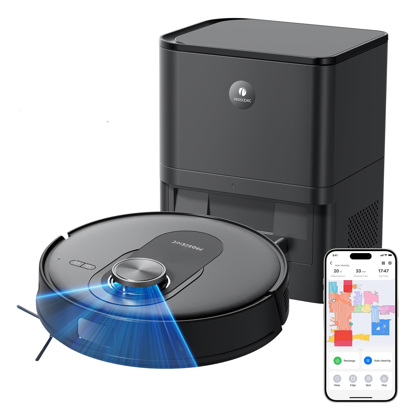 proscenic Q8 MAX Robot Aspirador y Fregasuelos Potente 8000Pa/200 Min, Robot Aspirador con Sistema de Navegación Láser Inteligente, App y Alexa/Google/Siri, para Moqueta y Pelo de Mascotas/Suelos