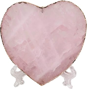 AMOYSTONE Large Heart Stone Rose Quartz Healing Crystals Birthday Gifts for Women, Natural Reiki Meditation Pink Crystal Gilded Edge Heart Shaped 3.5-4"/pc with Plastic Bracket