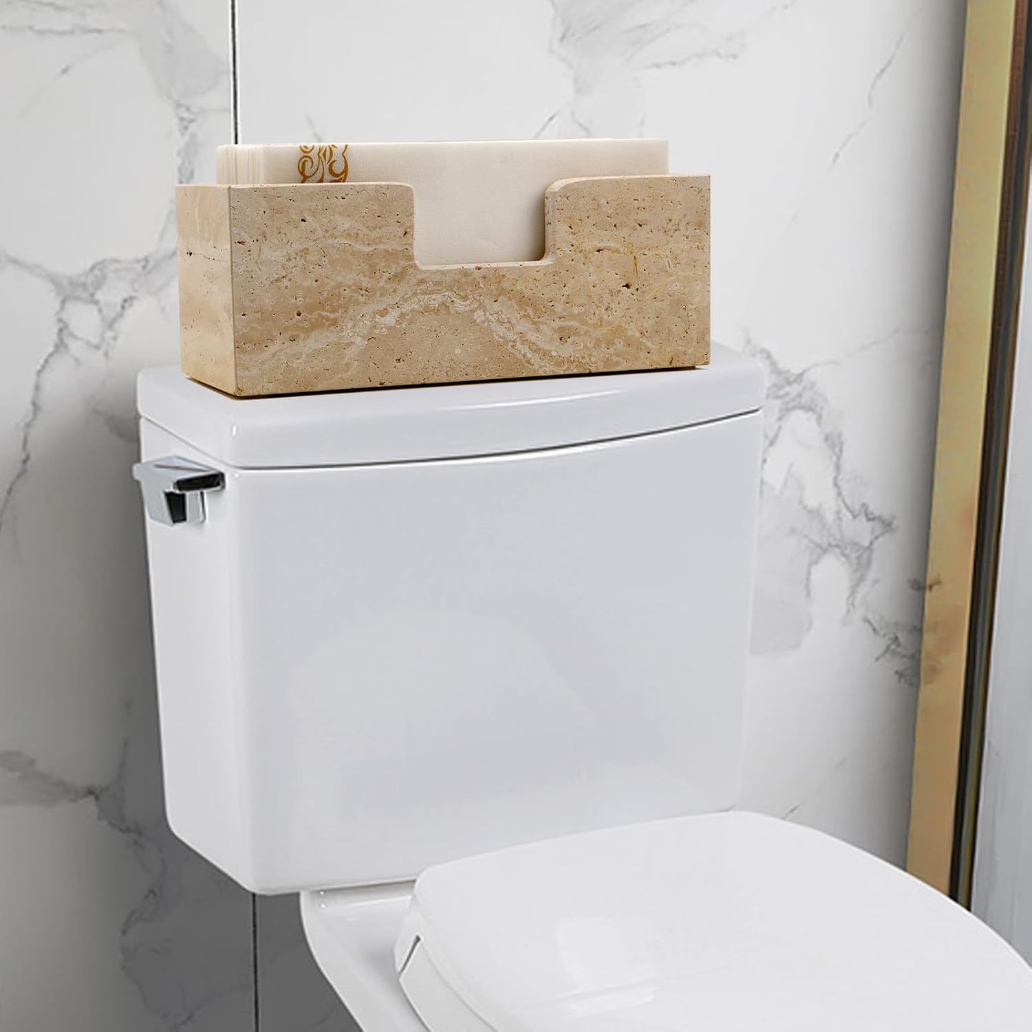 Bathroom Napkin Holder,Natural Travertine Guest Towel Holder,Stone Napkin Holder for Bathroom,Standing Guest Towel Holder Tray for Bathroom Vanity Toilet Kitchen Dining Table, Beige