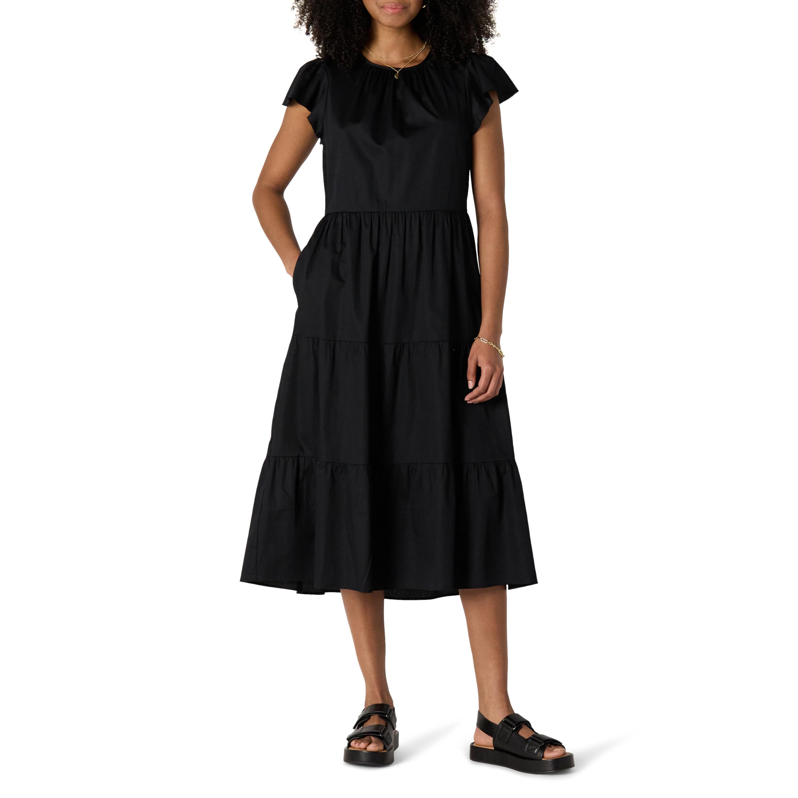 Amazon Essentials Women's Regular-Fit Cotton Sateen Crewneck Tiered Maxi Dress, Black, X-Small