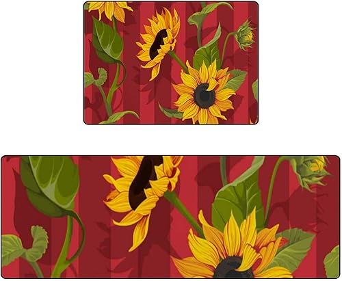 Juego de 2 alfombras de cocina antifatiga, girasoles y rayas rojas, alfombra de pasillo de comedor, lavable, antideslizante, para el hogar, lavabo,