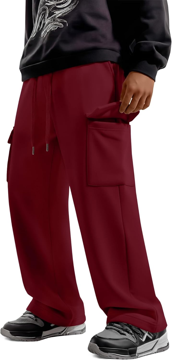 Boys' Cargo Sweatpants Baggy Wide Leg Elastic Waist Open Bottom Casual Pants Workout Active Joggers with 4 Pockets
