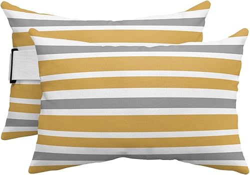 Almohada reclinable para la cabeza para exteriores con relleno, amarillo oscuro, gris, blanco, a rayas, impermeable, con correa ajustable, tumbona,