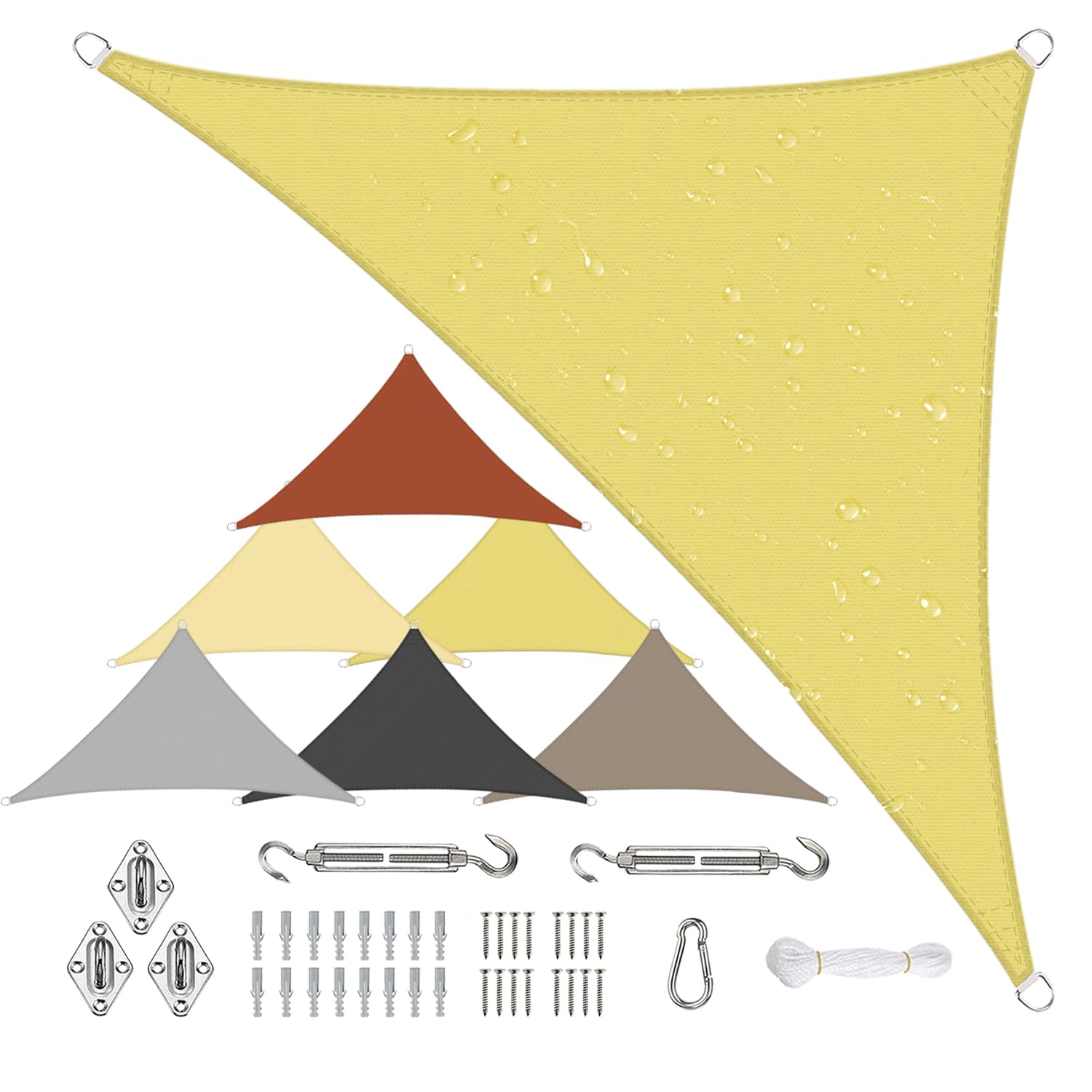 Sichtschutz Sonnensegel Wasserdicht Dreieckig, Viele Größen und Farben aus PES-Polyester 95% UV-Schutz, Witterungsbeständig, Reißfest mit Befestigungsset für Terrasse und Garten-1.6x1.6x2.3m, Sand