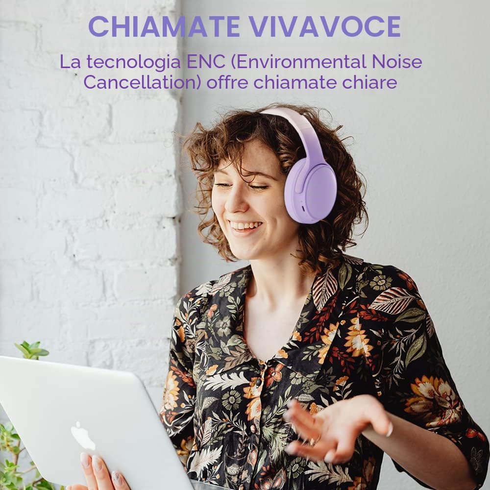 Cuffie On-Ear Bluetooth 5.3 wireless e cablate｜30h autonomia & ricarica rapida｜Chiamate HD, riduzione rumore｜158g pieghevoli｜Per gaming/ufficio/studio｜Compatibili con iOS/Android/PC,Viola