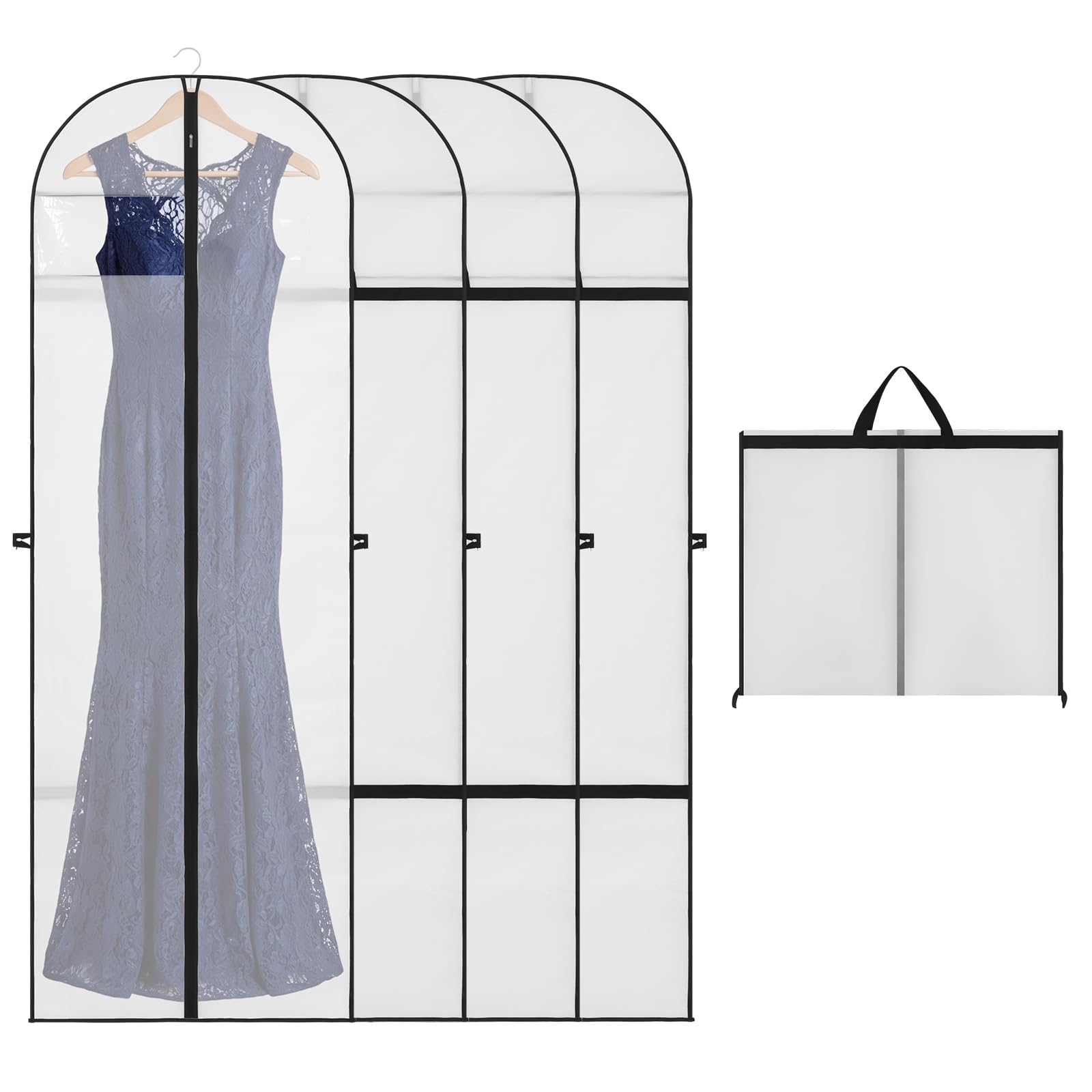 4 Pcs Long Dress Garment Bags, 180cm/71in Folding Long Clothes Covers, Wedding Dress Bag Suit Carrier for Travel and Storage (Translucent)
