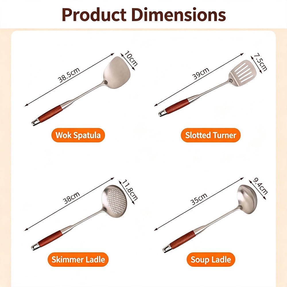4-Teiliges KüChenhelfer-Set Aus Edelstahl 316l, Kochutensilien Mit Griffen Aus Massivem Padauk-Holz Und Edelstahl 304, Wok-Spatel, Pfannenwender, SchaumlöFfel, Suppenkelle