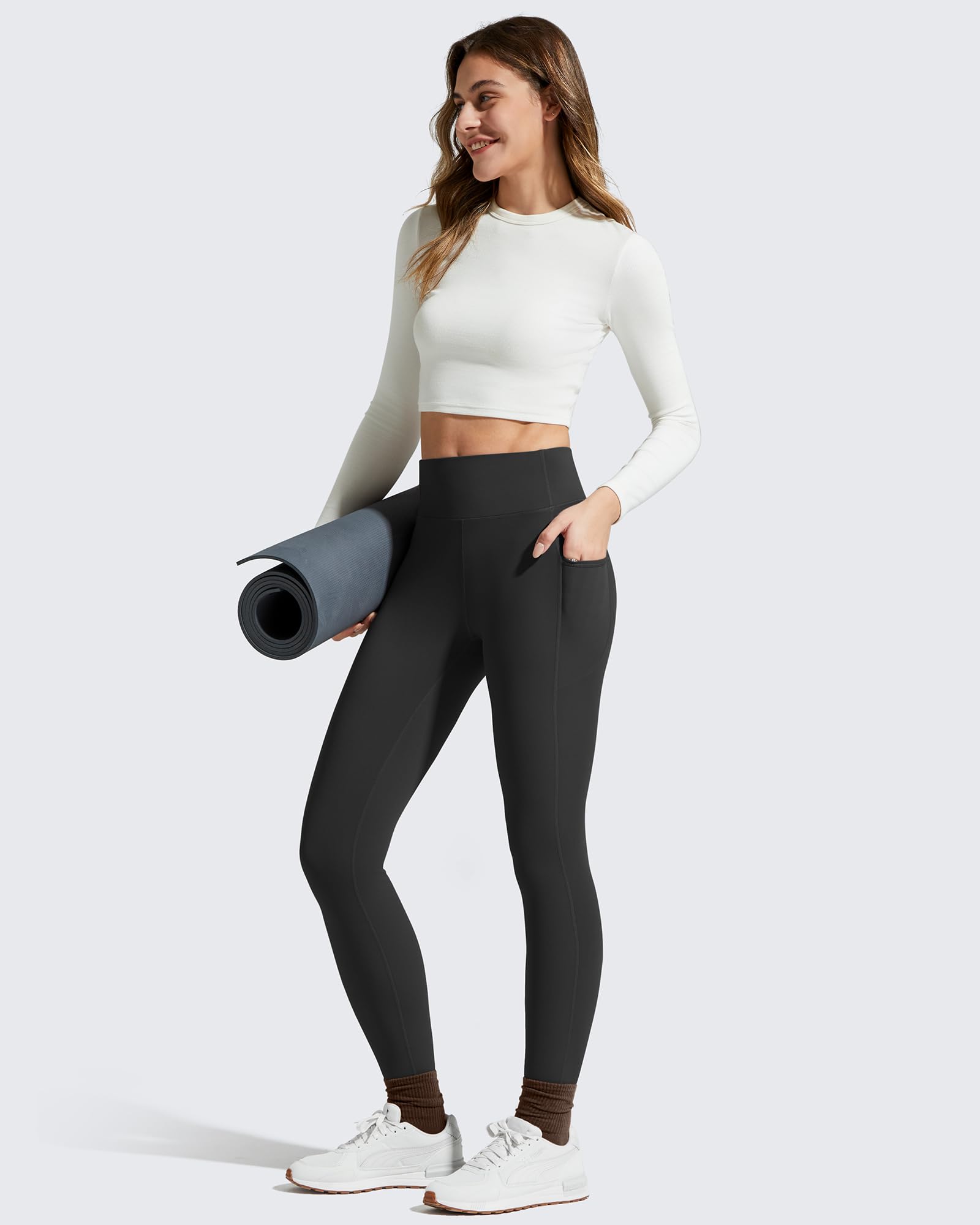 G4Free Barefeel Legging de yoga doublé en polaire avec 2 poches pour femme - Pantalon d'entraînement thermique décontracté - 63,5 cm/68,6 cm