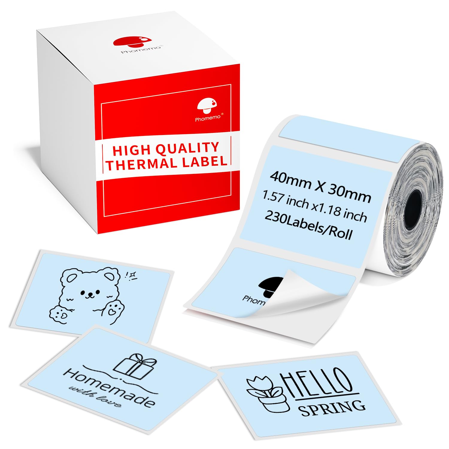 Phomemo Thermal Labels for M110/M120/M220/M150/M250/M221 Label Maker, Self-Adhesive Thermal Label 1.57"x1.18"(40x30mm),230 Labels/Roll, for Barcode,