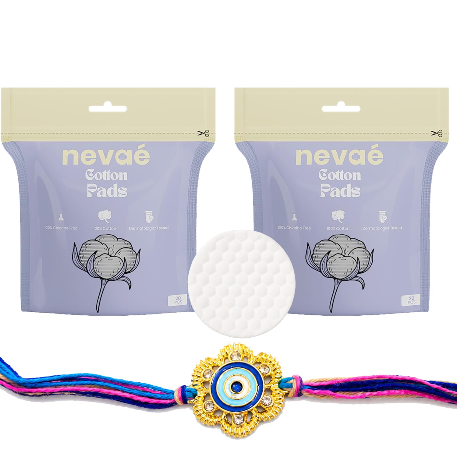 Nevae Cotton Pads 40 Pcs with Premium Golden Evil Eye Rakhi Set for Brother | Soft & Skin-Friendly | Highly Absorbent | Lint-Free | Makeup Remover & Toner Use | rakhi set for brother-image-26