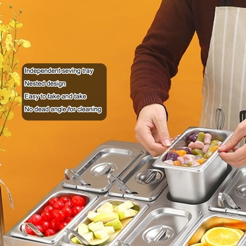 Gewürz-Organizer-Ständer aus Edelstahl, geneigter Halter mit Deckel, Löffel, Pizzastation, Buffet-Behälter-Set für Saucen, Zutaten, Küche, Silber-D