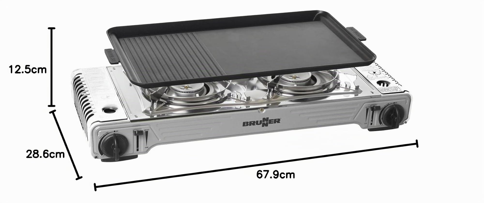 BRUNNER: 2-in-1 Tisch Camping-Kocher Zweiflammig Edelstahl Gasgrill & Gaskocher - DEVIL DOUBLE GRILL für Ventil-Kartuschen - für Camper-Van, Wohnwagen, Wohnmobil, Boot