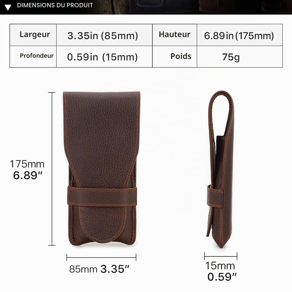 Hiram - Étui à cigares en cuir véritable avec humidificateur portable multifonctionnel pour voyage - Boîte à cigares et étui à pipe à tabac pour hommes, For 3 Cigars, Vintage