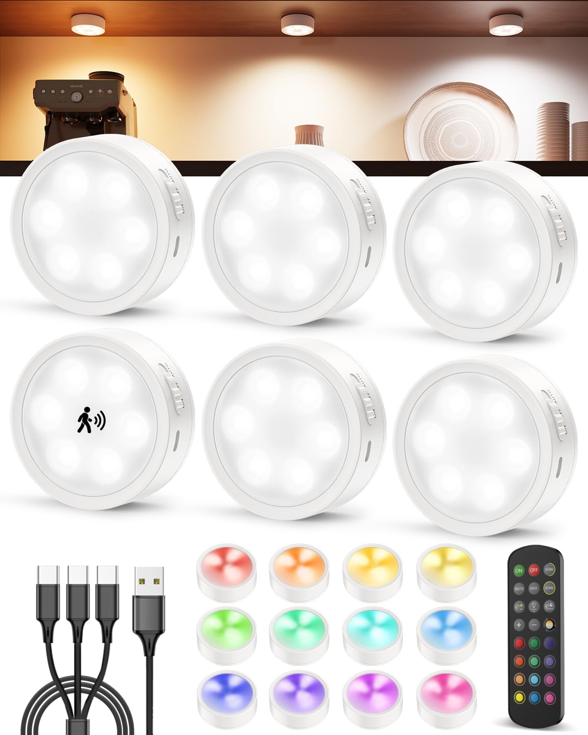 Tedmos Rechargeable Motion Sensor Puck Lights Indoor, Wireless Spot Lights with Remote Control Colour Changing Night Light for Shelf Showcase Bookcase Stairs, Portable Under Cabinet Light with Timer