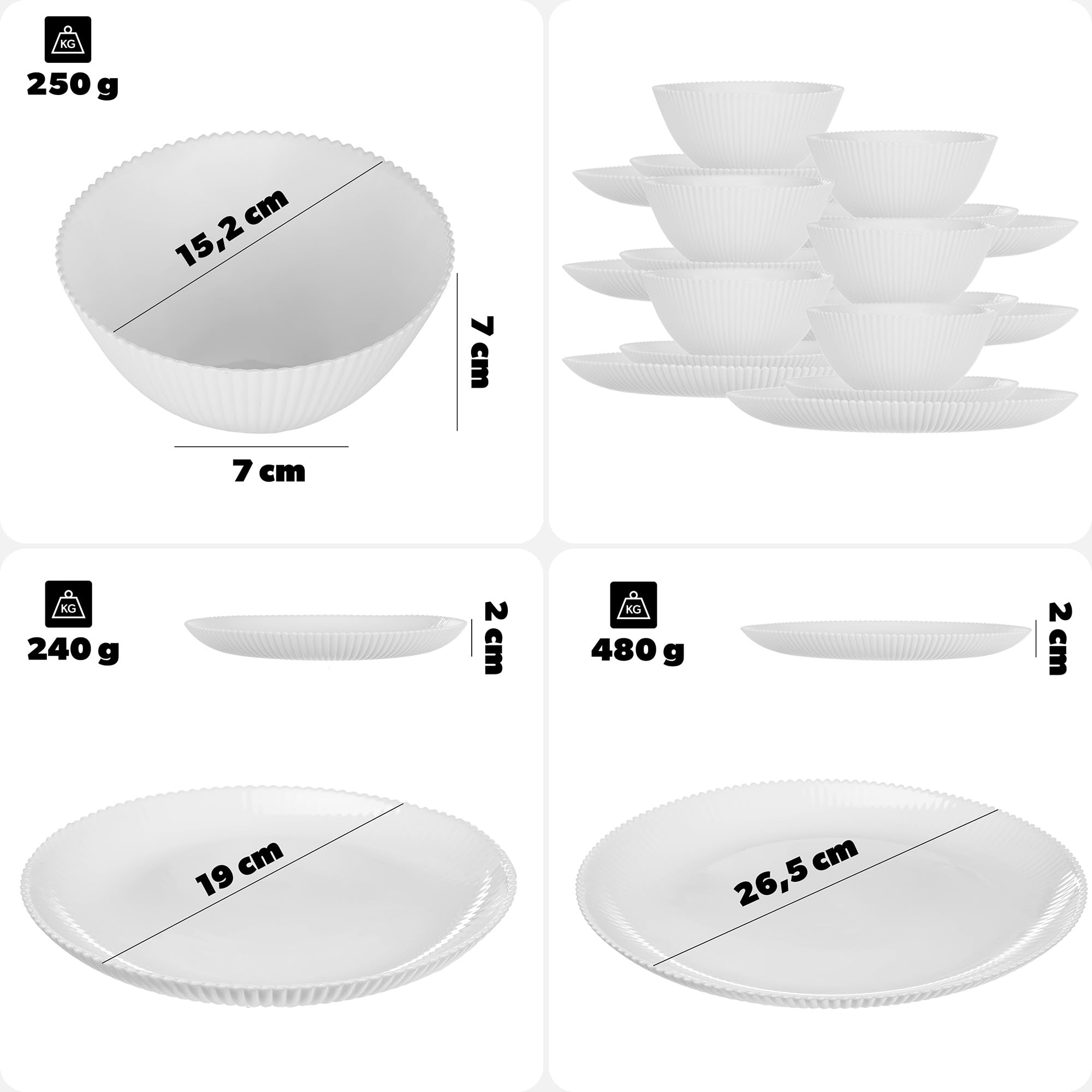 KADAX Vajilla para 6 personas, 18 piezas, de cristal opal blanco, con cuencos para sopa, platos llanos y platos de postre, apto para lavavajillas (blanco)