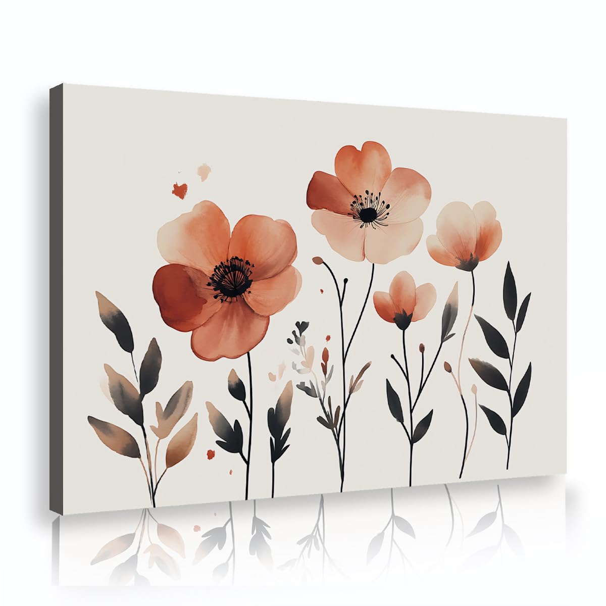 Via Vela Minimalist Poppy Floral Framed Canvas Pictures Dining Room Watercolor Botanical Blossom Painting Terracotta Posters Aesthetic Wall Art for Entryway Decor 70x110cm