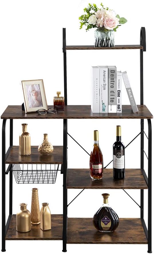 Standing Baker's Racks 4 Tier Kitchen Utility Storage Shelf Table Standing Shelf Units with 10 Hooks Metal Frame Coffee Bar Station Organizer for Kitchen Living Room Spices Pots and Pans