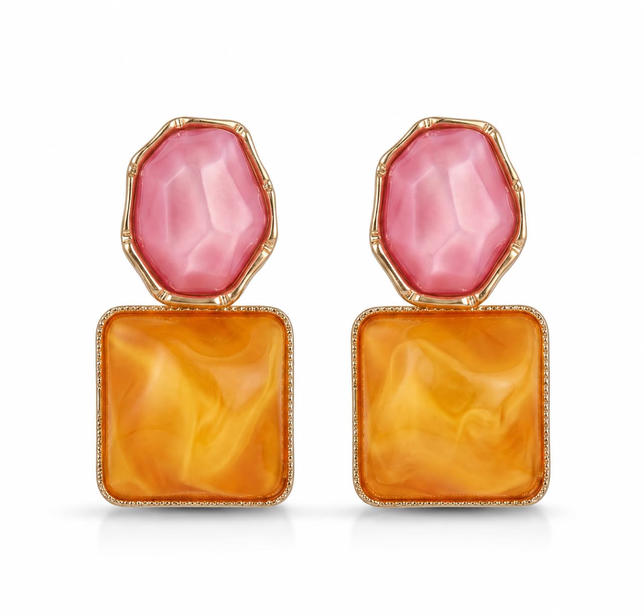Pink & Orange Marble Resin Drop Earrings with Gold-Tone Frame-image-0