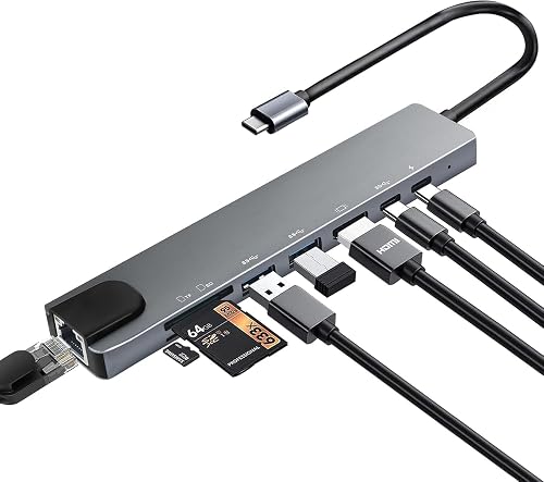 [NVMT] 8-in-1 USB C Multiport Hub: HDMI & Ethernet. 4K HDMI, 100 Mb/s Ethernet, PD charging, USB 3.0 & 2.0; SD/TF card reader. Works with Windows, MacOS and Android devices