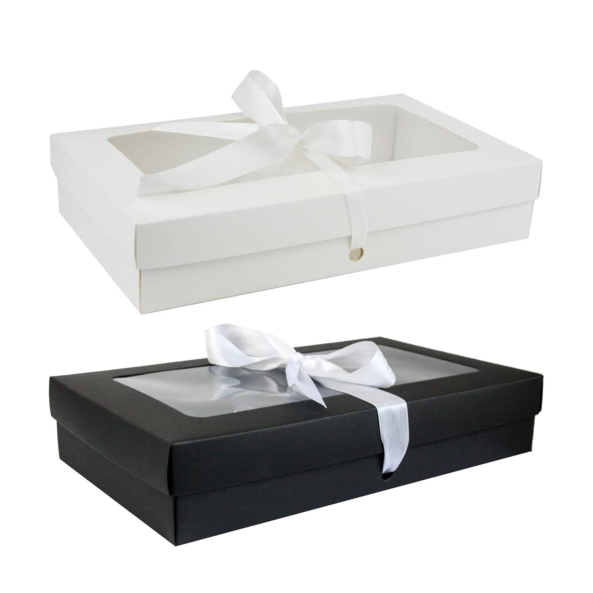 Emartbuy Pack of 12 White and Black Gift Boxes with Clear Window Lid & Ivory Satin Ribbon - Small 21.5 x 13.5 x 4.5 cm - Recyclable Kraft Presentation Box for Hampers, Treats, Weddings & Favours