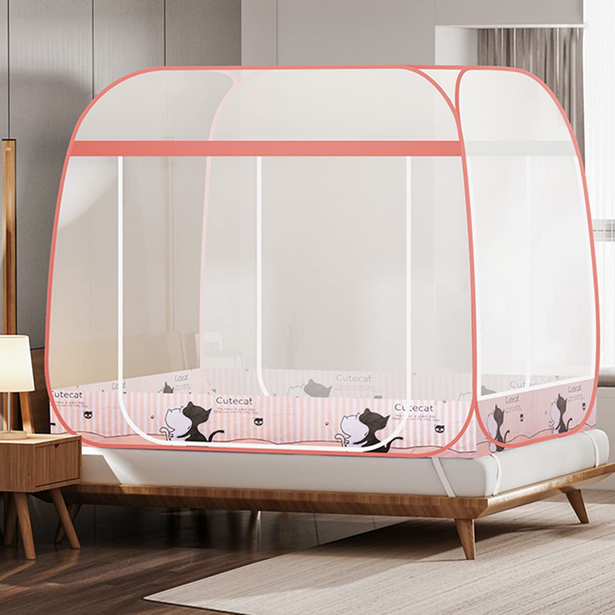 Mosquito Net for Bed, Pop Up Portable Tent Travel Mongolian Yurt Neting Folding Double Doors with Bottom for Outdoor Trip Baby Kids Adult, No Need to Nnstall,Pink,180x195x160cm