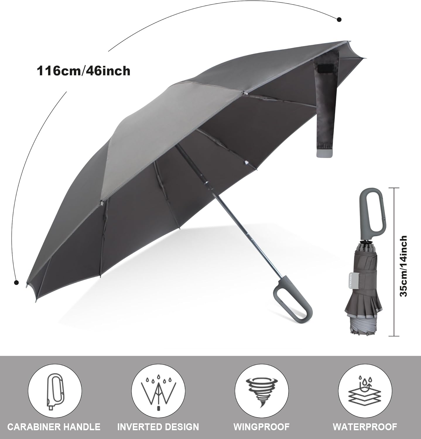 QWB TUMAAOTU Inverted Umbrella with Carabiner Handle, Compact Wind Proof Umbrellas For Rain and Sun Protection, Portable Reverse Folding Umbrella, Car Umbrella for Women Men, 10 Ribs - Image 6