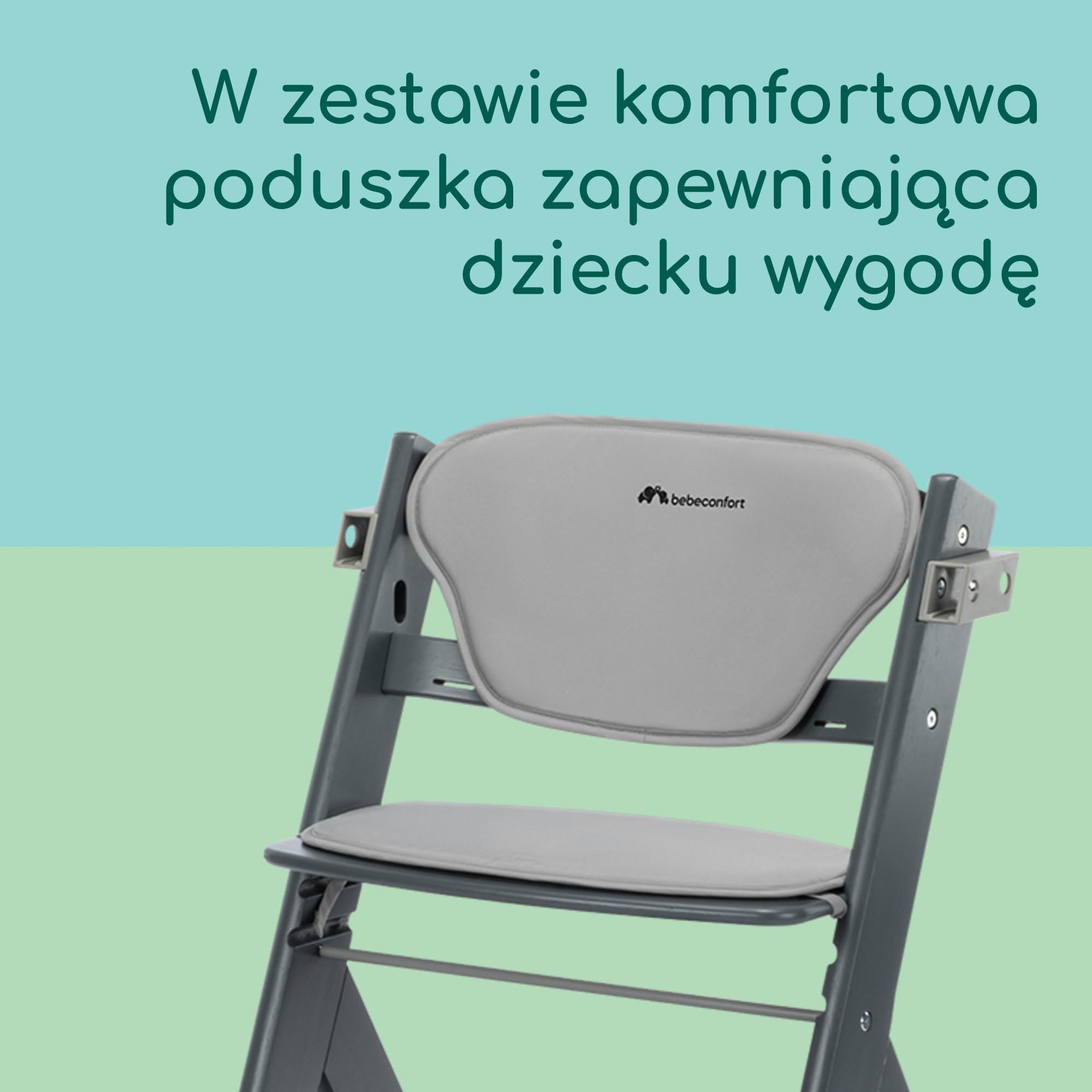 Bebeconfort Timba 2 z Poduszką, Krzesełko Dziecięce Drewniane, 6+ Miesięcy, Do 110 kg, Ergonomiczne Krzesełko do Karmienia, Pasuje do Wielu Stołów, Wyjmowana Taca, Grey Mist