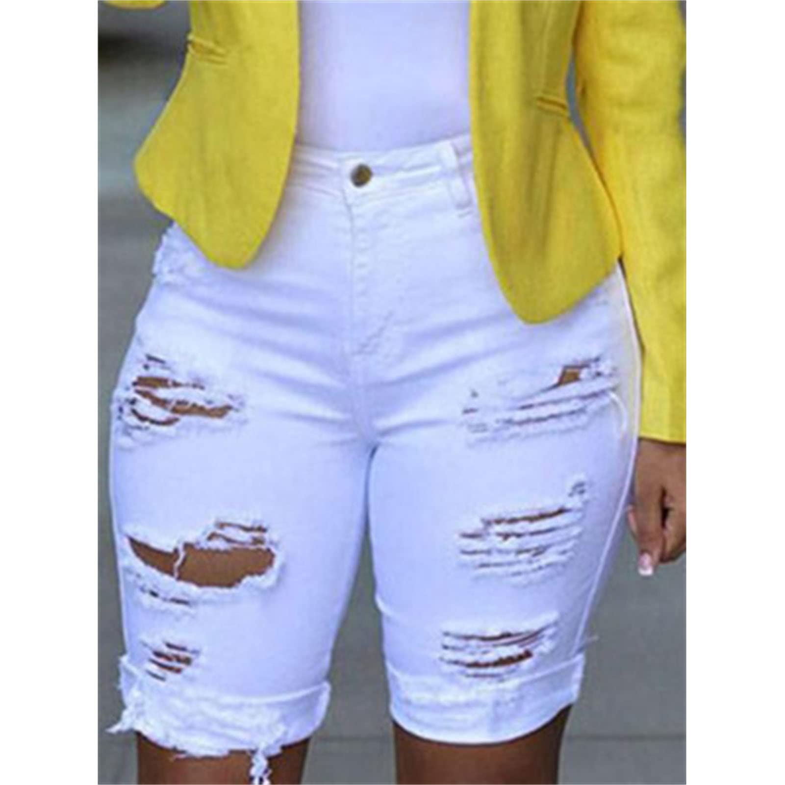 JEKE-DG Womens High Waist Ripped Short Jeans Washed Summer Hole Casual Short Jeans Destroyed Stretchy Shorts Jeans (X-Large,White)