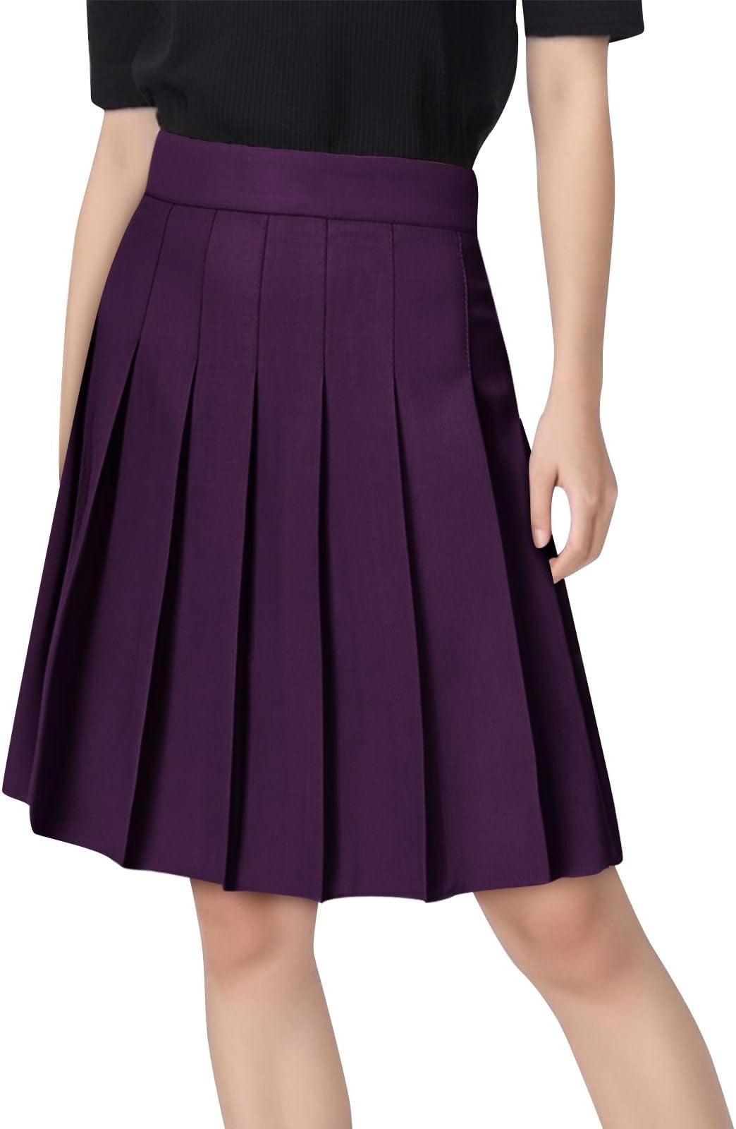 Women's Knee Length Skirts Versatile Stretchy Flared A-line Solid Color High Waisted School Uniform Midi Skirts 2025
