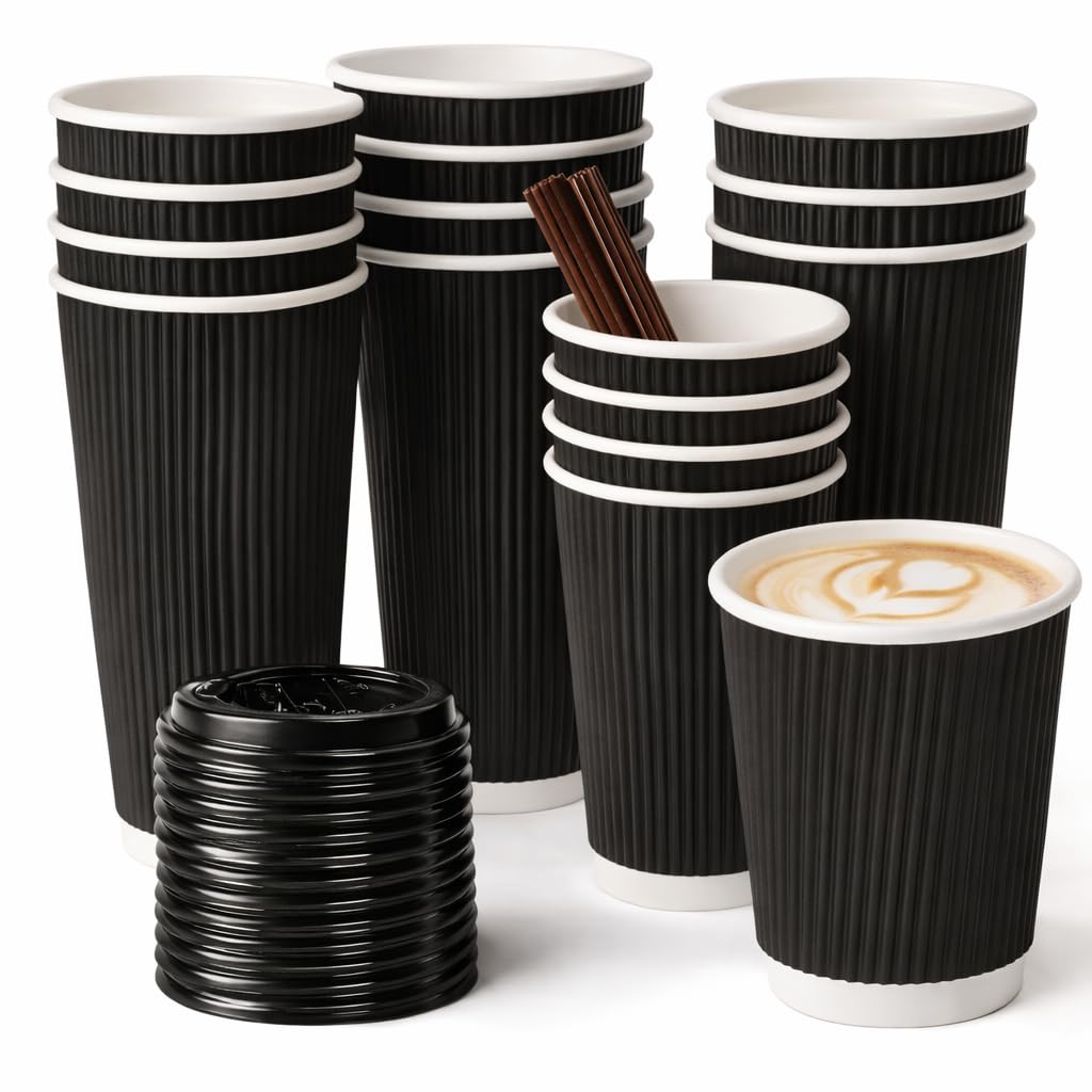 Elite® 12oz Black Ripple Triple Wall Coffee Cups – Black Kraft Insulated Chai & Tea Cups for Hot Drinks – Disposable Takeaway Cups for Café, Office & Events (Black Lids, 50)