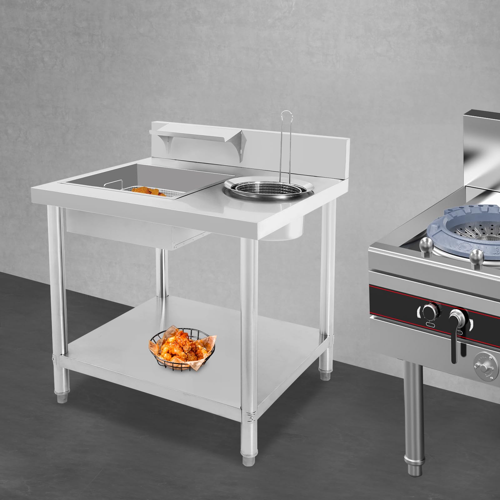 Tavolo per la preparazione di pollo fritto con 2 vasche da bagno, 2 cesti e ripiano inferiore, piano di lavoro in acciaio inox per ristoranti di pollo fritti, ristoranti fast food